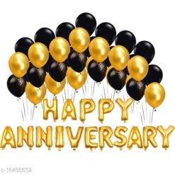 Happy Anniversary (16 Gold Foil Letters) + 30 Metallic Balloons Combo (Black , Gold)
