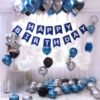 Happy Birthday Banner-BLUE + 1pcs Silver Star (10inch) + 30pcs Black, Silver, Blue Balloons Combo + Free Mask