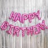 Happy Birthday Dotted Pink Foil Letters-13 pcs + 2 pcs Silver Fringe Curtains