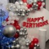 1 Red Foil Happy Birthday Balloons + 51 pc premium Red,White and Silver Metallic Balloons + 5 Premium Silver Confetti Balloons with Glue Dot Arch and balloon hand pump for Kids
