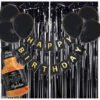 Happy Birthday Banner- Black + 2pcs Black Fringe Curtains + 1pc Black Bottle + 30pcs Black Metallic Balloons Combo
