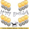 Happy Birthday Cursive Banner- Silver + 1 pc Silver Star Foil + 20 pcs Golden, Silver Balloons Combo