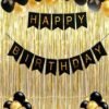 Happy Birthday Banner- Black + 2pcs Gold Fringe Curtains + 30pcs Gold, Black Metallic Balloons Combo