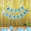Solid HAPPY BIRTHDAY LETTER BLUE BANNER SET +PACK OF 30 HD METALLIC BALLOONS [BLUE WHITE GOLD +2 GOLDEN CURTAINS [PACK OF 33] Balloon??(Multicolor, Pack of 33)