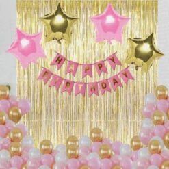 Solid Birthday Decoration Kit for Girls - 37Pcs Pink, White Golden Metallic Birthday balloons for Girls Decoration, Golden Foil Curtain, Pink Happy Birthday Banner/Birthday Decoration Combo Set Balloon??(White, Gold, Pink, Pack of 37)