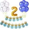 2nd Birthday Decoration for Boys-Crown Glitterly Blue Happy Birthday Banner(13)+2 No.Foil Golden Balloon+HD Metallic Balloons Blue(15)+White(15)-Total-44 Pcs