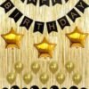 Solid Gold Metallic Fringe Shiny Curtains 2 , Black Happy Birthday Banner with Latex BALLOONS 30 and Star Foil 3 Decoration Kit Balloon (Gold, Black, Pack of 48)