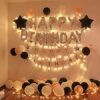 Black Gold White Metallic Balloons Silver Happy Birthday foil Balloons Birthday Decoration Items Kit with Star Theme & LED Fairy Lights & Banner for Boys and Girls, Pack of 57