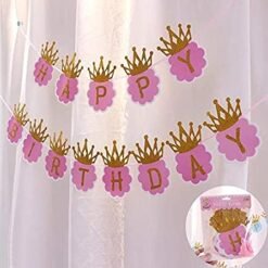 Pink Crown Happy Birthday Banner (Set of 13 Alphabets) - Pink Background with Gold Lettering... Order Today This Unique Birthday Decorations Item to Complete Your Birthday Decoration kit...