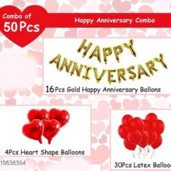 Happy Anniversary Gold Foil Letters (16 Pcs) + 4 pcs Red Foil Heart + 30 pcs Red Balloons for Anniversary Decorations