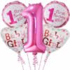 Solid Set of 5 Balloons of Baby Girl 1st First Happy Birthday Balloon item set with 1 One Number, 2 Star Shape Baby Girl , 2 First Birthday Girl Printed Celebration Party Decoration item Prop Balloons Kit for Children Kids Balloon Balloon Balloon (Pink, Pack of 5)