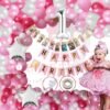 1 Pack of Happy Birthday Banner (Pink) + 1 Number Foil Balloon (Silver) + 12 Months Banner (Brown) + 2 Pcs Star foil balloons (Silver) + 1Pc Glue Dot + 1Pc Arch & Pack of 60 HD Metallic Balloons (20 Pcs Dark Pink, 20 Pcs Light Pink & 20 Pcs White)