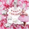 1 Pack of Happy Birthday Banner (Pink) + 1 Number Foil Balloon + 2 Pcs Star foil balloons (Silver) + 1Pc Glue Dot + 1Pc ARCH & Pack of 75 HD Metallic Balloons (25 Pcs Dark Pink, 25 Pcs Light Pink & 25 Pcs White)