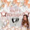 1 Pack Happy Birthday Foil (Rose Gold)+ 2 Pcs Fringe Foil Curtain (Silver)+ 2 Pcs Star Foil (Rose Gold) + 1Pc Heart Foil (silver) + 1Pc Glue Dot & Pack of 60 HD Metallic Balloons (20 Pcs Rose Gold, 20 Pcs Silver & 20 Pcs White)