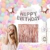 1 Pack Happy Birthday Foil (Silver)+ 2 Pcs Fringe Foil Curtain (Rose Gold)+ 2 Pcs Star Foil (Rose Gold) + 1Pc Glue Dot + 1 Pc Arch & Pack of 49 HD Metallic Pastel Balloons (7 colors)