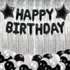 Happy Birthday Balloons For Decoration Kit Black Happy Birthday Letter and Silver Curtain, Star Foil with HD Metallic Black & White Color Latex Balloons Combo Set (Black)