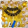 Happy Birthday Decoration For Husband Kit Combo Set - 63pcs Birthday Bunting Golden Foil Curtain Metallic Confetti Balloons With Balloon Pump & Glue Dot - Happy Birthday Decorations Items