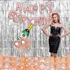 Rose Gold Birthday Decorations Items - 59Pcs Set / Happy Bday Confetti Balloons, HBD Foil Balloon, Heart Foil Ballons,Foil Curtain For Celebration/Balloon Item Kit Combo