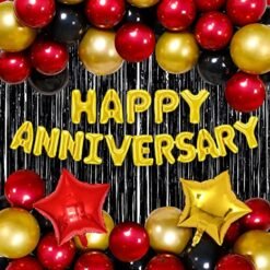 Happy Anniversary Decoration Kit For Home -35 Items Black Combo Set Foil Balloon, Curtains, Metallic Balloons, Star Foil Balloons anniversary decoration items For Bedroom