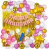 Happy Birthday Decoration Kit for Girls 63pcs Combo Set Banner Golden Foil Curtain Balloon Metallic Confetti Girls Birthday Decoration Items / Kids Birthday Decoration Items