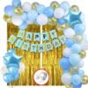Blue Happy Birthday Decoration Items Kit Combo Set Birthday Banner Golden Foil Curtain Metallic Confetti Balloons With Hand Balloon Pump And Glue Dot - 60 pieces