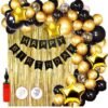Solid 91pcs Birthday Banner Golden Foil Curtain Metallic Confetti Balloons With Hand Balloon Pump And Glue Dot for Boys Girls Wife Adult Husband Mom Dad/Happy Birthday Decorations Items Set Balloon Balloon??(Black, Gold, Pack of 93)