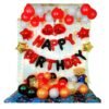 Happy Birthday Decorations Items Combo Set 84pcs with Red Black Birthday Foil Golden Fringe Metallic Latex Balloon Star Heart Foil Fairy Lights
