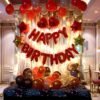 Happy Birthday Decoration Kit Combo - 85Pcs, Red with 3Pcs Golden Foil Curtain,60 Pcs Metallic Balloons, 6 Star Heart Shape Balloons,1 Fairy Light, Balloon Pump, Red Happy Birthday Foil Balloon/ Balloon Set