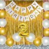 Happy Birthday Banner- White + 2 pcs Gold Fringe Curtains + 2 No. Gold Foil + 30 pcs Golden, Silver Metallic Balloons Combo