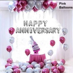 Happy Anniversary (16 Silver Foil Letters) + 1 Pink Bottle + 30 Metallic Balloons Combo (Silver , Pink)