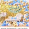 Happy Birthday Banner- Blue + 2pcs Gold Fringe Curtains + 30pcs Blue, Gold, White Metallic Balloons Combo