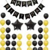 Happy Birthday Banner- Black + 2pcs Black Star(10inch) + 30pcs Gold, Black Metallic Balloons Combo