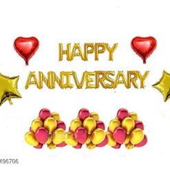 Happy Anniversary (16 Gold Foil Letters) + 2 Gold Star (10 inch) Foil Balloons + 2 Red Heart Foil Balloons (10inch) + 30 Metallic Balloons Combo (Red , Gold)