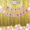 Happy Birthday Banner-Pink + 2pcs Gold Fringe Curtains (6feet) + 30pcs White, Gold, Pink Balloons Combo