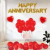 Happy Anniversary (16 Gold Foil Letters) + 2 Red Heart Foil Balloons (10inch) + 30 Metallic Balloons (Red)