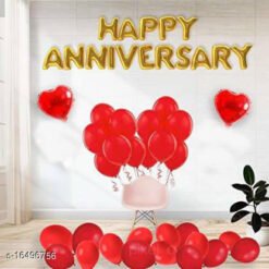 Happy Anniversary (16 Gold Foil Letters) + 2 Red Heart Foil Balloons (10inch) + 30 Metallic Balloons (Red)