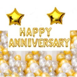 Happy Anniversary (16 Gold Foil Letters) + 2 Gold Star (10 inch) + 30 Metallic Balloons Combo (Silver , Gold)