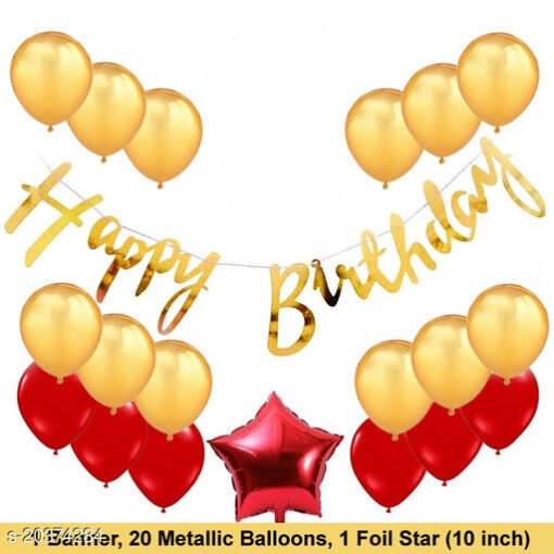 Happy Birthday Cursive Banner- Golden + 1 pc Red Star Foil + 20 pcs Golden, Red Balloons Combo