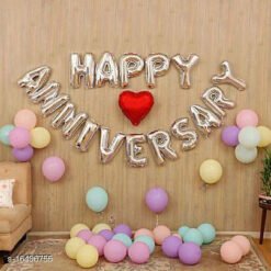 Happy Anniversary (16 Silver Foil Letters) + 1 Red Heart Foil Balloons + 30 Candy Balloons Combo (Multi-color)