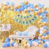 Printed Happy Birthday Blue Banner 30 Pc Mettalic Balloon 2 Shiny Golden Fringe Balloon (Blue, White, Gold, Pack of 33)