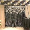 Happy Birthday Foil Silver+2Pcs Silver Fringe Curtain (3 X 6 Feet)+ Pack of 30 pcs (Black Gold & Silver)Balloons (Set of 45)