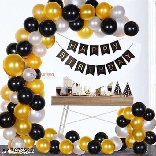 Happy Birthday Banner (Black) + 30 Metallic Balloons (Gold , Black & Silver)