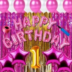 First/1st Happy Birthday Combo/Kit Pack Material For Party Decorations (Pack Of 73) PINK??(Set of 73)