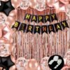 Solid Happy Birthday Balloons Decoration Kit 68 Pcs, 1 set of Black "Happy Birthday" 13pcs alphabet Banner and 50pcs HD Metallic balloons(Rose Gold) and 8Pcs Rose Gold Confetti Balloons, 5Pcs of Star Balloons (3 Rose Gold, 2 Black) with 1Pc Glue Dot, 1Pc Arch Strip with 2Pcs of Rose Gold Curtains for Kids Wife Girl Birthday Balloons Decorations Items Combo with Happy Birthday Banner, 1st Birthday Latex Metallic Balloons Balloon (Multicolor, Pack of 68) (Set of 68)
