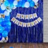 Happy Birthday Banner (White) + 30 Metallic Balloons (Blue , Sky Blue & White) + 5pcs Confetti Balloons (Golden) + 2pcs (Blue) Fringe Curtains