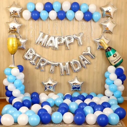 Premium Birthday Decoration Kit Combo (Pack of 58 ) for Home Balloon with 1 Pc Happy Birthday Letters (Silver), 50 Pcs HD Metallic 10 Inch Dark & Light Blue & White Balloons, 1Pc Champagne Bottle, 1Pc Ribbon, 1Pc Glue dot, 4Pcs Silver Star Foil Balloon Bouquet