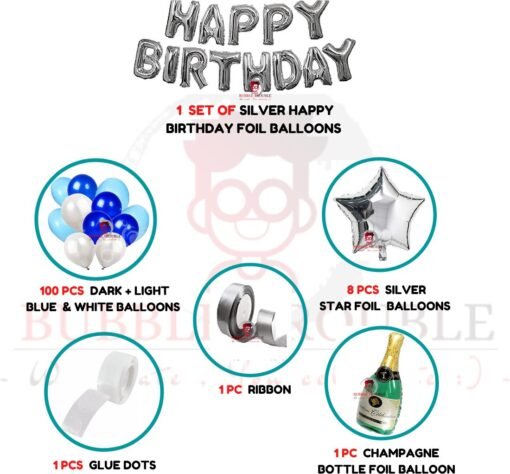 Premium Birthday Decoration Kit Combo (Pack of 112 ) for Home Balloon with 1 Pc Happy Birthday Letters (Silver), 100 Pcs HD Metallic 10 Inch Dark & Light Blue & White Balloons, 1Pc Champagne Bottle, 1Pc Ribbon, 1Pc Glue dot, 8Pcs Silver Star Foil Balloon Bouquet - Image 2