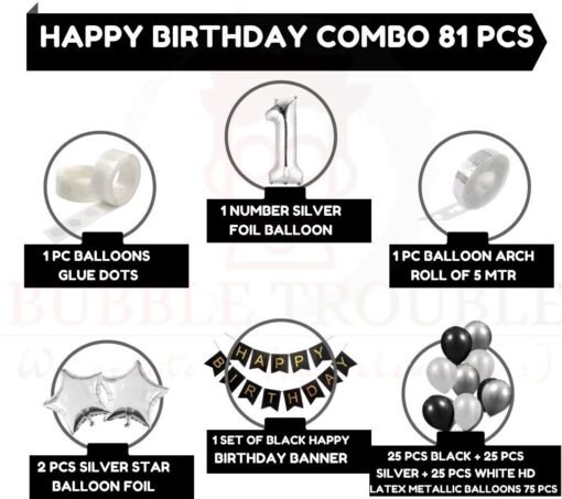 1st Boys Girls First Happy Birthday Banner Balloons Decoration Kit Combo (Pack of 81), 13 Letters Banner (Black) + Silver Star Foil+ HD Metallic 10 Inch Black , Silver & White 75 Pcs Balloons for Girl Boys Kids Baby First Birthday Decoration, 1st Birthday - Image 2