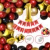 1st Boys Girls Solid First Happy Birthday Banner Balloons Decoration Kit Combo (Pack of 81), 13 Letters Banner (Red) + Gold Star Foil+ HD Metallic 10 Inch Red , Black & Gold 75 Pcs Balloons for Girl Boys Kids Baby First Birthday Decoration, Baby Shower, 1st Birthday