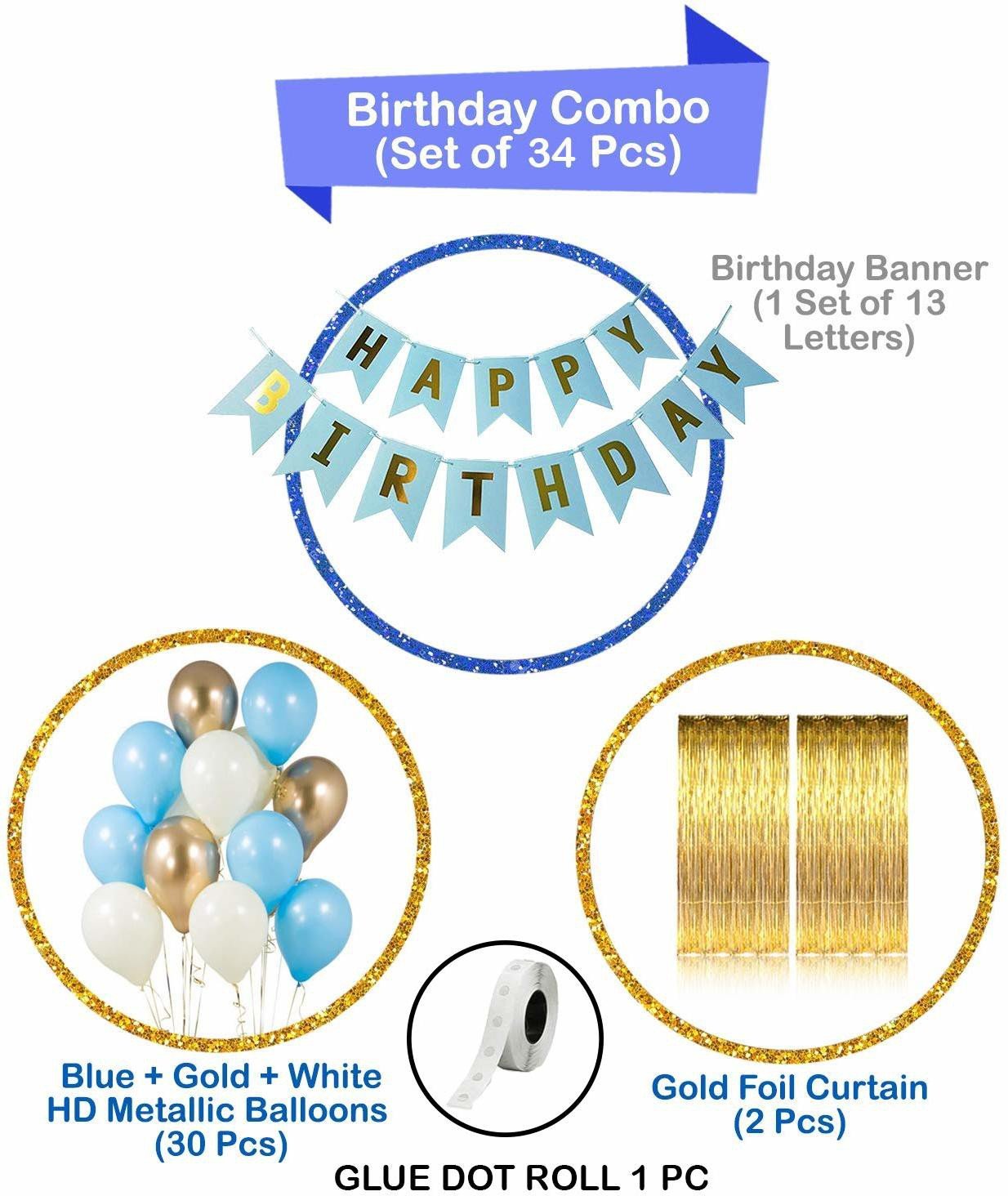 34pcs Blue White And Golden Birthday Balloons Combo